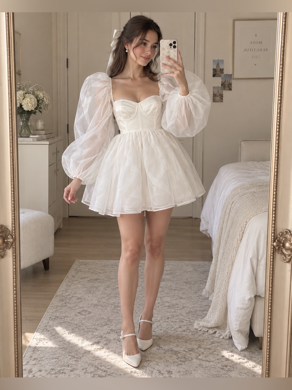 Selkie White Puff Sleeve Corset Mini Dress Square Neck Organza Size M